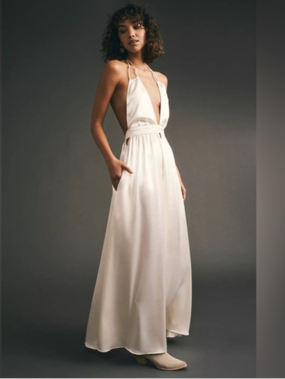 Free People Look Into The Sun Satin Deep V Halter Backless Gown Ivory Medium